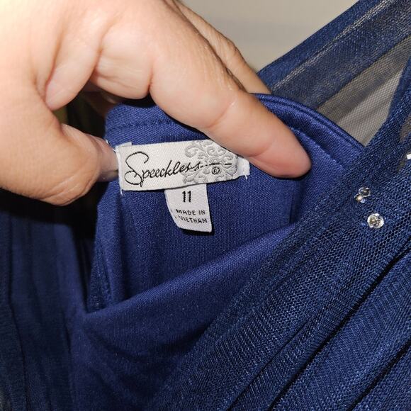 dark blue midi dress with a shiny waist-line and faded shine on shoulders - Picture 5 of 11